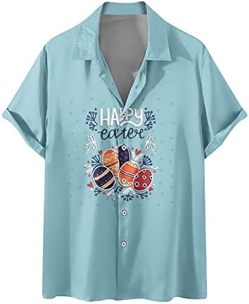 Среќни Велигденски хавајски кошули со лапти за мажи со кратки ракави, ботици надолу од плажа, врвни лабави случајни удобен пуловер