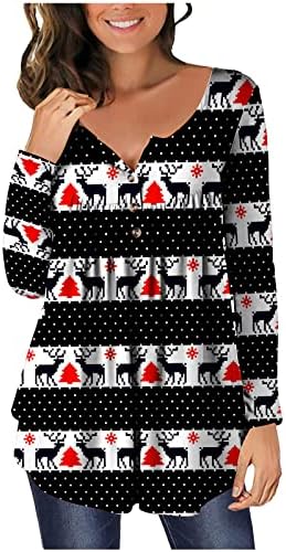 Божиќни долги ракави Туники за жени, кошула за печатење на ирваси за мачка, обична тркалезна врата блуза лабава вклопена пулверска