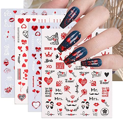 Денот на в Valentубените налепници за уметност на срцев нокти црвен сјај срцевци за нокти Декларации 3Д само-лепете ги ноктите за