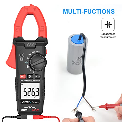 Дигитален мерач на стегач, Mestek Multimeter Electric Tester T-RMS 5999 брои автоматски тестер за напон на AC и AC/DC напон со NCV, засилувач, волт, ом, континуитет, тест за капацитивност и от?