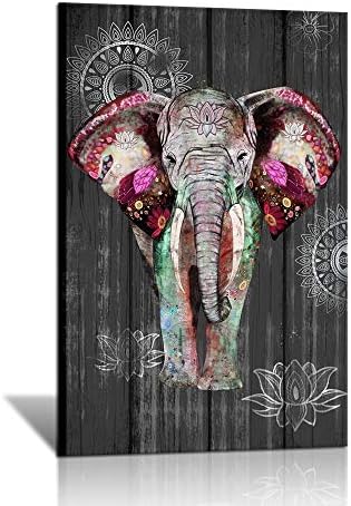 Скеноарт животински wallид уметност на платно бохо спална соба декор слон со цветни слики боемски бања wallид декор мандала диви