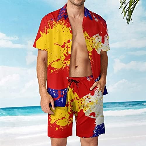 Weedkeycat Шарен Колорадо знаме машка облека за плажа 2 парчиња Хавајско копче надолу со кошула Краток ракав и шорцеви
