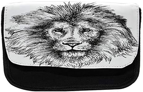 Лунарлив лав со молив со молив, рачно нацртано портрет на животни, торба со молив со ткаенини со двоен патент, 8,5 x 5,5, црно бело