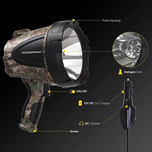 Goodsmann Spotlight Hunting Camo Преносна рачна светлина 1500 лумен на отворено халогенско осветлување 12V со тактика на торба во Оксфорд, тактика Pro H102-01