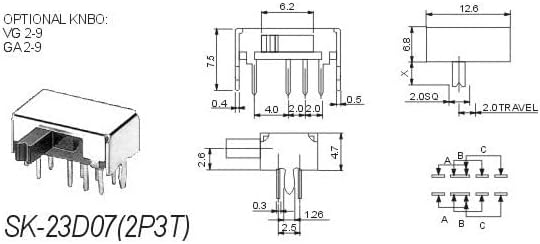 20 парчиња 8 Пински 3 Позиција 2p3t Dp3t Слајд Прекинувач 0.5 А 50V DC PCB SK23D07VG4 НАТОПИ Низ дупка Пхб Хоризонтален Прав агол