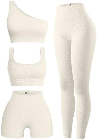 OQQ женски 4 парчиња облека со ребрести вежби за вежбање на вратот Спортски градник Еден рамо врвови со високи шорцеви на половината Активен сет