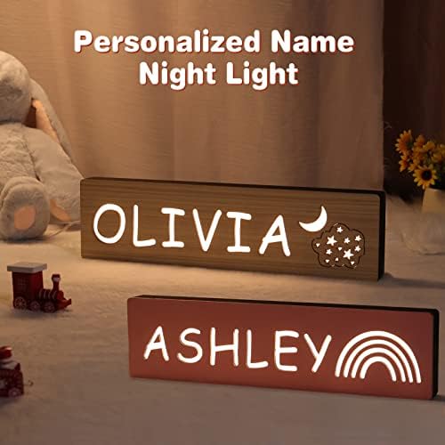 Прилагодено име ноќно светло и персонализирано дрвен знак за дрвени име за детска просторија специфична за името на креветчињата, персонализирани