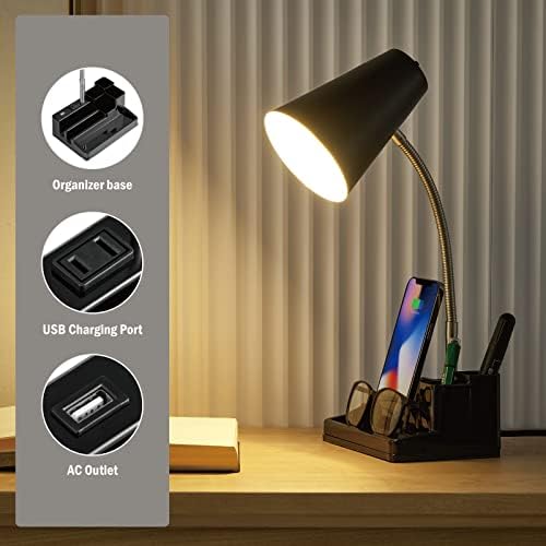 LED ламба за LED биро со 1 порта за полнење со USB и 1 излез на наизменична струја, организаторска основа, прилагодлив прекинувач