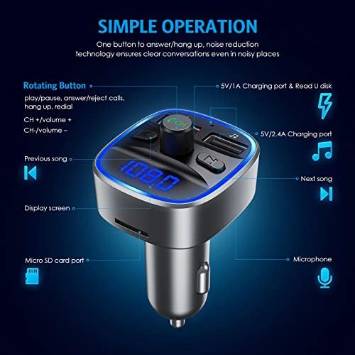 Criacr FM Bluetooth Transmiter Car, v5.0 Комплет за безжичен автомобил, Bluetooth радио адаптер, бесплатно повикување на рацете, 5V/2.4A