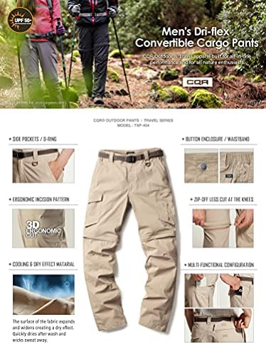 CQR Машки конвертибилни карго панталони, панталони за пешачење отпорни на вода, поштенски светла за истегнување на лесен простор UPF 50+ работа