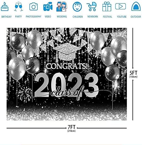 Ticuenicoa 7x5ft Честитки Град Позадина Црна Сребрена Дипломирање Партија Украси Фотографија Позадина Класа на 2023 Диплома Капа Сјај Балон За Град Честитки Банер Слика Фо?