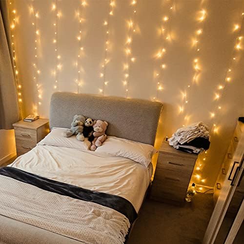 Они светла за завеси за спална соба топло бело 300 LED 9,8ftx9.8ft, далечински управувач со USB 8 режими на осветлување тајмер