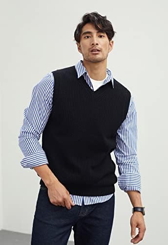 Mens V-врат-плетен џемпер елек цврста обична пулвер со ракави за ракави, лабава вклопена во сите врвови на џемперите за натпревари