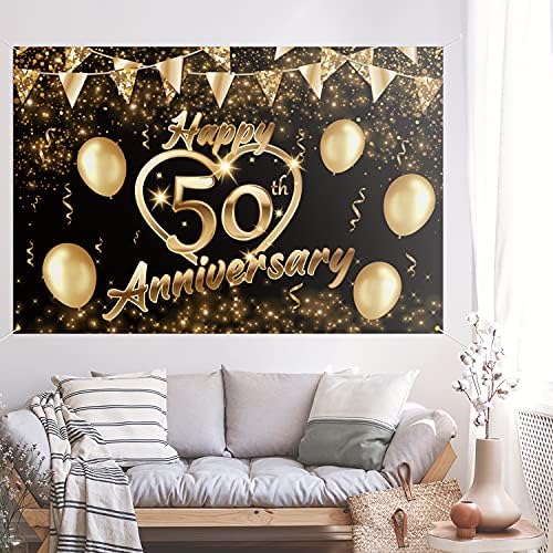 Среќна 50-Годишнина Позадина Банер Декор Црно Злато - Сјајот Љубов Срце Среќен 50 Години Свадба Годишнината Партија Тема Украси За Жени