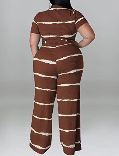 Женска Облека Со Плус Големина 2 Парчиња Секси Ребрести Печатени Ремени Со Појас Врвни Широки Панталони За Нозе Комплети Комбинезони