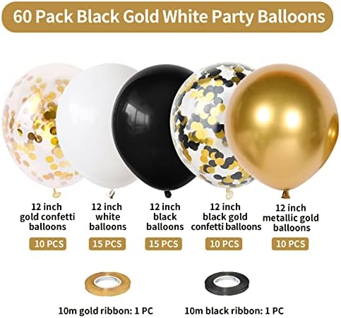 Балони црно злато бело со црно и злато конфети латекс балон 12инч 60 парчиња метални златни балони за роденденска забава декорација Свадба бебешки туш славење дипло?