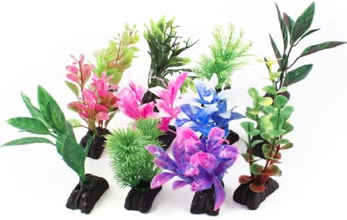уксел 12-Парче Керамичка База Пластика Вештачки Аквариум Лист Цветни Растенија, Повеќебојни