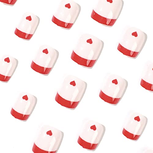 Денот На вљубените Притиснете На Ноктите Кратки Квадратни Голи Лажни Нокти Црвен Раб На Ноктите Дизајн На Срцева Шема Сјајни Акрилни Лажни