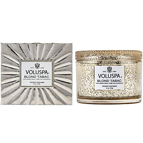 Voluspa Blond Tabac Candle | Корта Мејсон Бокс стакло | 11 мл. | Време на изгореници од 45 часа | Веган | Восок од кокос и сите природни