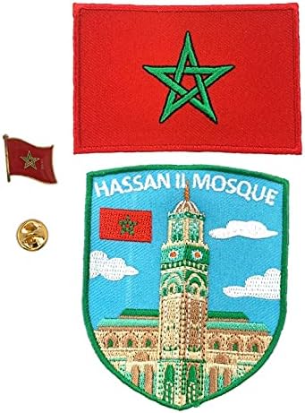 A-One 2 PCS PACK- HASSAN II џамиски штит Аплика+Мароко знамето лапел и лепенка, обележје, обележје на обележја, Applique DIY