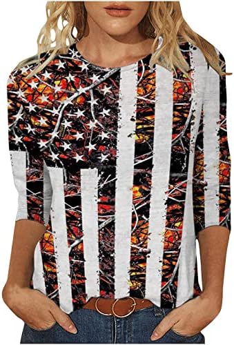 Девојки за дневна блуза есен лето 3/4 ракав екипаж на вратот на вратот, памучен графички капри блуза за жени XB XB