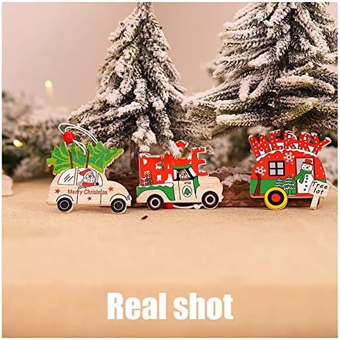 Liqunsweet 6pcs/Поставете Божиќна тема за божиќни дрвени автомобили ван автобус такси облик обесени украси парчиња x'mash дрво украси за декор на забави - 19x15mm