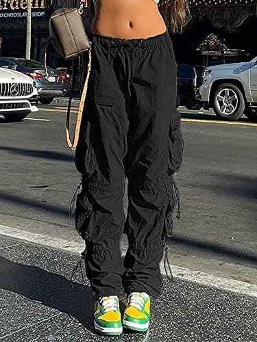 Женски торбички панталони со карго за влечење еластична половината, искривени пешачки панталони падобран панталони за жени хипи салон