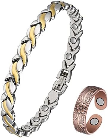 Jecanori титаниумска челична нараквица за и бакарен магнет прстен за жени ~ магнетна терапија нараквица за олеснување на болката