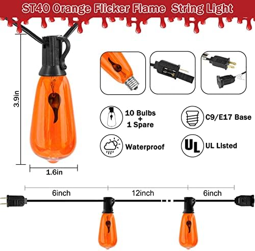 Палерина Ноќта на вештерките портокалово треперење на пламен, светла, 10 -тина украси за Ноќта на вештерките светла на отворено со 10 сијалички