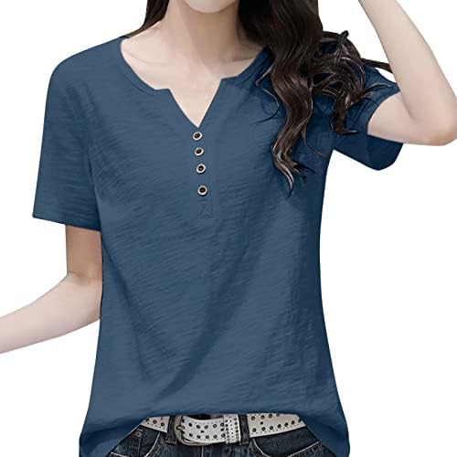 V врат Краток ракав Обична маица за жени четвртина копче надолу со кошули лабава обична тунична блуза трендовски врвови за жени 2022