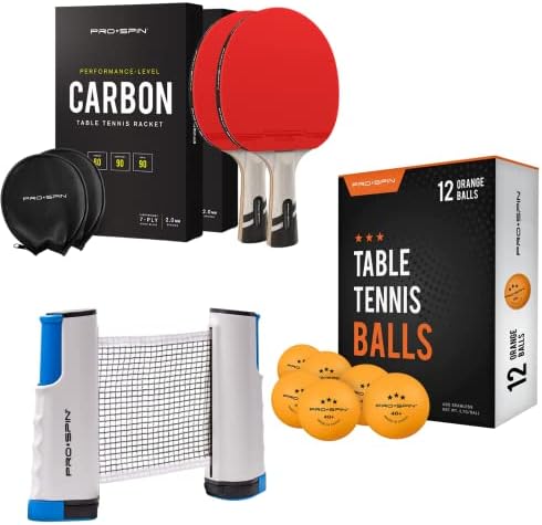 Pro-Spin Carbon Fiber Ping Pong Pong Poank 2-Pack, Nettable Met, & портокалова пинг-понг-топки пакет | Елита серија | Случај за складирање