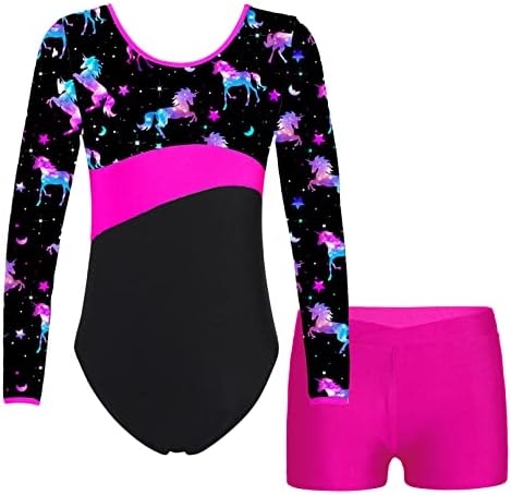 Moily Kids Girls 2 PCS Indimintics Outfit Долг ракав x Back Tank Leotard со шорцеви танцувачки биктард