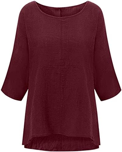 Womenените 3/4 ракав кошула Блуза памучна постелнина цврста боја на врвовите на вратот лабава вклопена маица туники летни обични маички