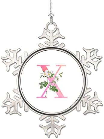 Розова почетна буква j со цвеќиња Божиќни метални украси, 26 букви обичај цветни монограми од снегулки украси што висат зачувување
