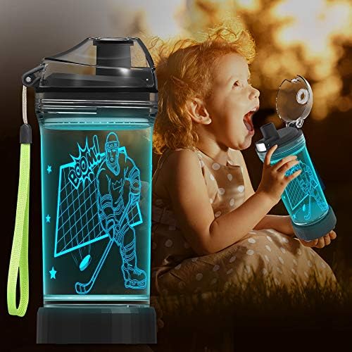 Светло за деца шише со вода со 3Д блескаво хокеј LED светло - 14 мл Тритан БПА бесплатно - Креативно идеален подарок за патувања за патувања