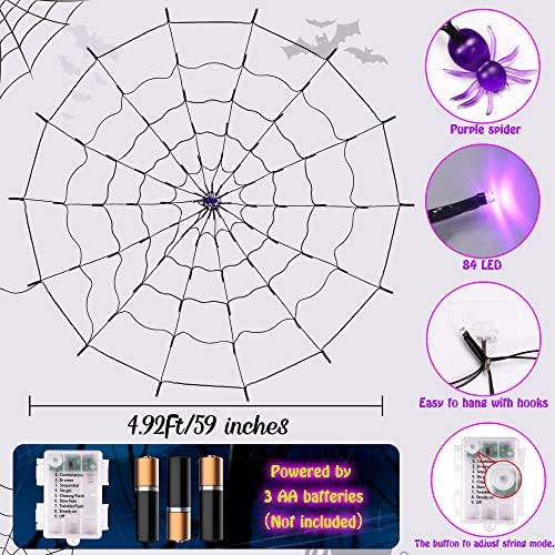 Декорации за Ноќта на вештерките со голема големина пајаци веб-светла-4.92ft дијаметар 84 лежеа светла осветлени пурпурни холовими на