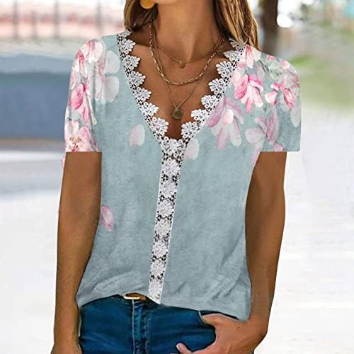 Женска Мода Пролет Лето Печатени Кратки Ракави Чипка Трим Блуза V - Вратот Обична Блуза Блузи