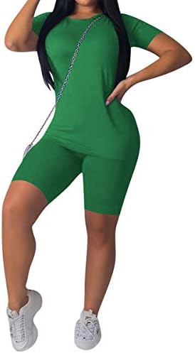 Michellecmm Жени 2pcs Спортски Сет, Еднобоен Краток Ракав Круг Вратот Врвот, Висок Половината Еластична Лента Кратки Панталони Јога Сет