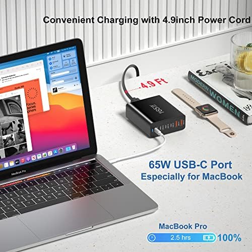 USB C Wallиден полнач 165W, AGTRAY 6-PORT PD GAN GAN Брза станица за полнење Адаптер Блок, 65W USB-C компатибилен со MacBook Pro/Air,
