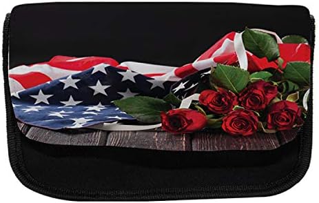 Случајно куќиште за молив на ветеран, американско знаме со рози, торба со молив со ткаенини со двоен патент, 8,5 x 5,5, повеќебојни