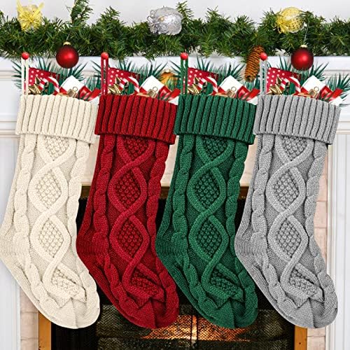 Божиќни чорапи 4 пакувања 18 инчи големи персонализирани плетени божиќни чорапи Божиќни украси од слонова коска, бургунд, сива, зелена чорапи за камин Божиќно дрво з