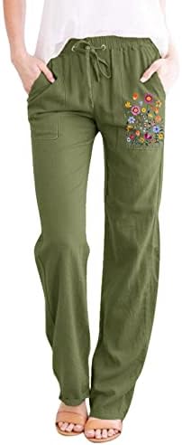 Постелнини панталони жени, обичен еластичен половински широко нозе со лабава фитла за ленена лента со џебови цветни панталони