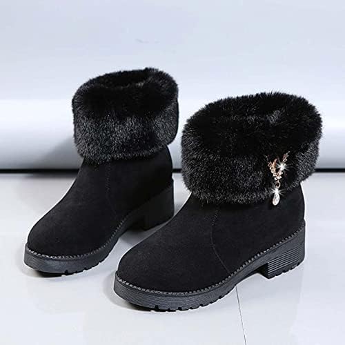 Womenените снежни чизми модни странични патенти зимски топло плишани глуждови чизми бујни петици тркалезни пети кои не се лизгаат