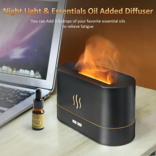 Pluwel Flame Diffuser Humidifier-Auto Off 180ml есенцијално масло дифузер-2 режими осветлување арома овлажнител со ефект на оган пламен за дома, канцеларија, бањата, салата