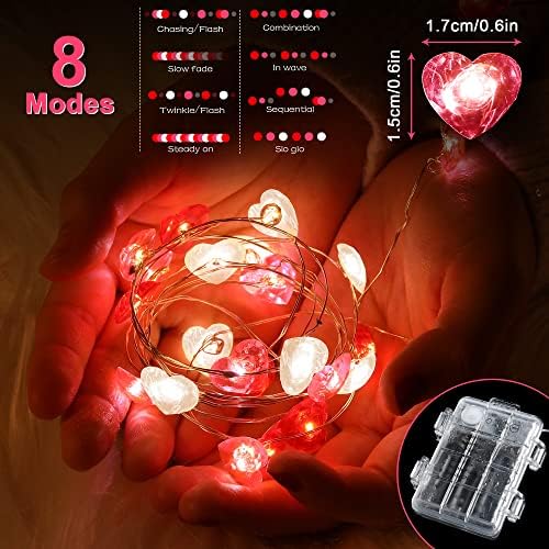 2 парчиња Денот на в Valentубените светла за срцеви жици со тајмер, 10 стапки LED црвено розово бело срце во форма на бајки во облик