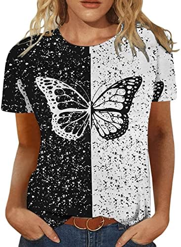 Печати од пеперутка Печати летни кошули за жени лабава обична кратка ракав шифон, врвна женска маица блуза Туника на врвови