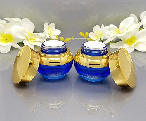 Elandy 1 парчиња празно Upscale Fillable Blue Glass Cream Cream Shail Spoting Bottion со златен капак и внатрешна подлога козметичка