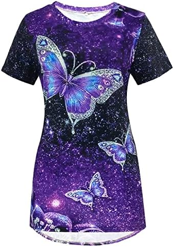 Женски врвови за туники за хеланки скријте стомак долг/краток ракав пеперутка печатена маица со маица симпатична проточна лежерна фустани