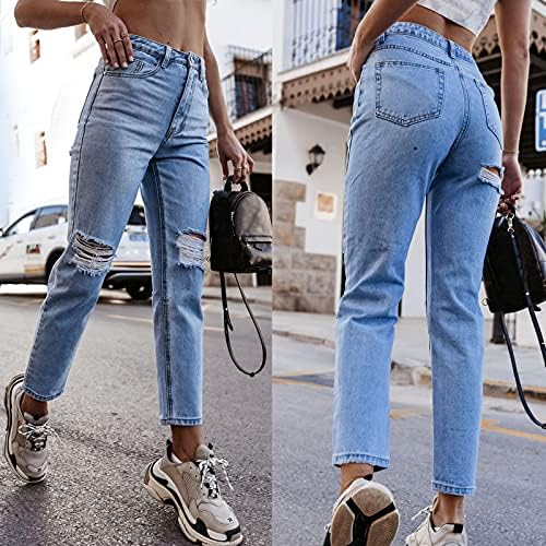 Lariau фармерки за жени со висока половината тенка дупка еластична џебно копче Y2K искинати панталони со панталони со фармерки