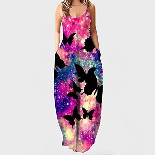 Maxенски макси фустани летен шпагети лента фустан со џебови случајни без ракави плус големина лабава цветна фустан на плажа Бохо